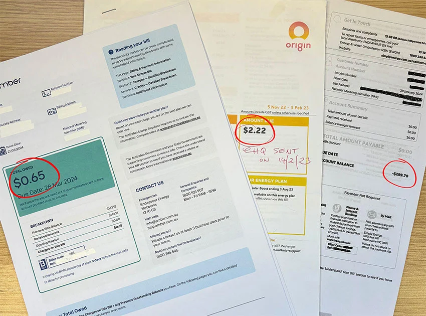 Australian power bills showing near-zero balances after solar & battery install